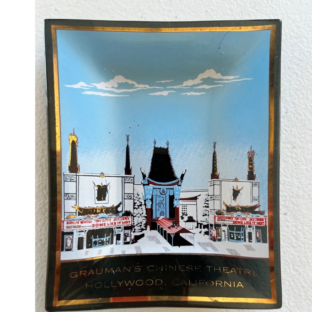 Vintage Grauman's Chinese Theatre Souvenir Glass Tray Tricket dish Hollywood